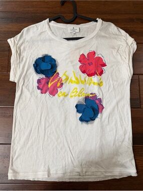 Lanvin White Tee with Blue and Pink Floral Appliqués